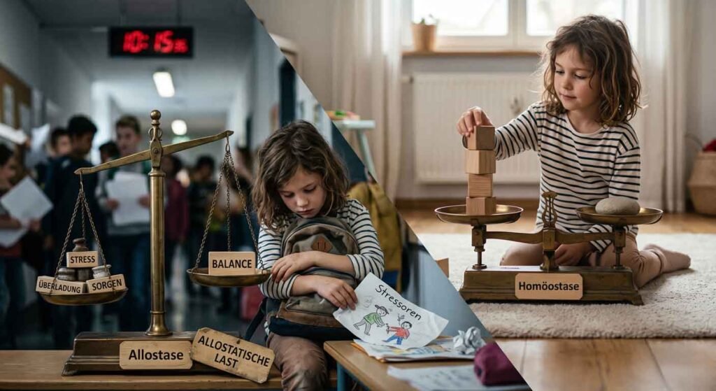 Ein Bildvergleich zeigt links ein gestresstes Kind in einer Schulumgebung mit einer unausgeglichenen Waage („Allostase“/„Allostatische Last“) und rechts dasselbe Kind, das entspannt mit Bauklötzen spielt, während eine Waage („Homöostase“) im Gleichgewicht ist