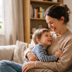 Eine glückliche, lachende Mutter, die ihren Sohn in einem gemütlichen, hellen Wohnzimmer auf einem Sofa liebevoll umarmt.
