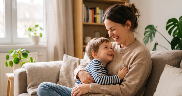 Eine glückliche, lachende Mutter, die ihren Sohn in einem gemütlichen, hellen Wohnzimmer auf einem Sofa liebevoll umarmt.