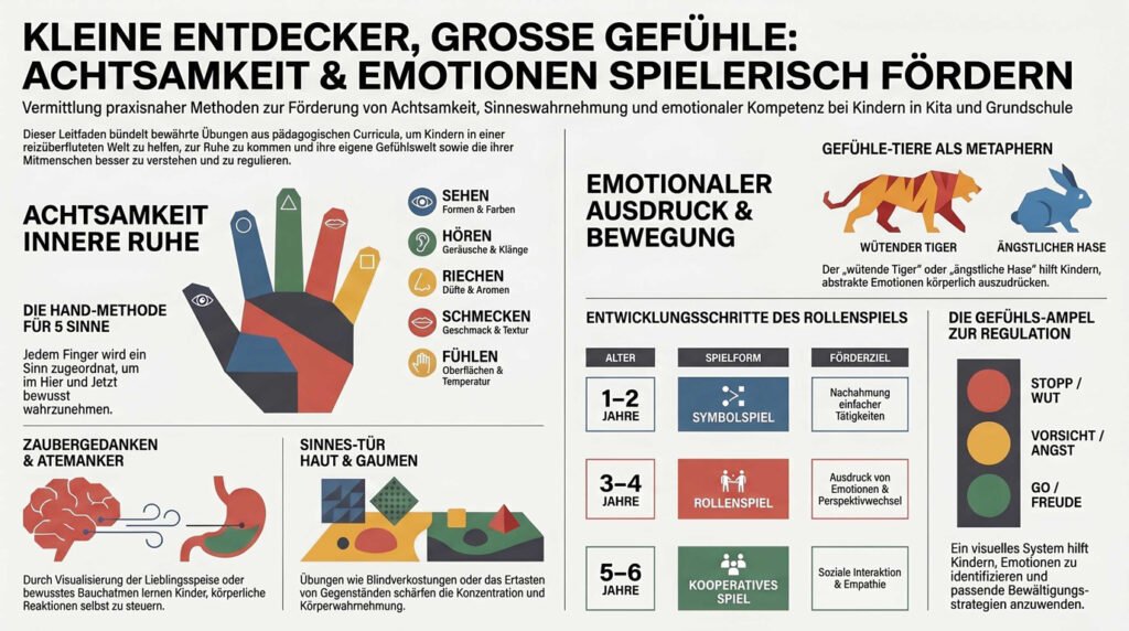 Pädagogische Infografik, die spielerische Methoden zur Förderung von Achtsamkeit, Sinneswahrnehmung und emotionaler Kompetenz bei Kindern in Kita und Grundschule darstellt.