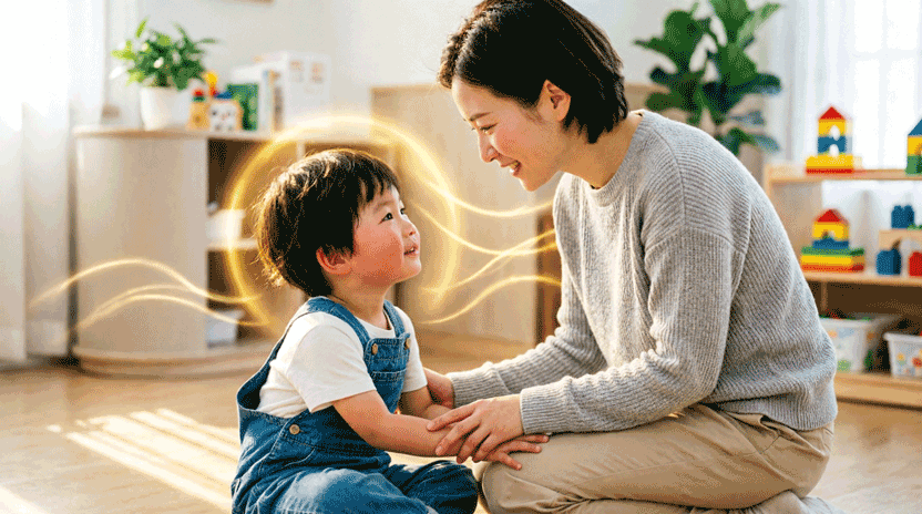 Eine Mutter kniet vor ihrem kleinen Sohn, hält ihn liebevoll an den Armen und baut durch ihre aufmerksame, beruhigende Präsenz eine schützende, goldene Aura der Co-Regulation auf.