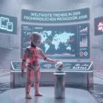 Ein steht in einem leuchtenden, futuristischen Raum und berührt eine Kugel vor einem großen Bildschirm mit der Aufschrift „Weltweite Trends in der frühkindlichen Pädagogik 2026“.