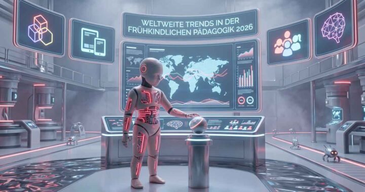 Ein steht in einem leuchtenden, futuristischen Raum und berührt eine Kugel vor einem großen Bildschirm mit der Aufschrift „Weltweite Trends in der frühkindlichen Pädagogik 2026“.