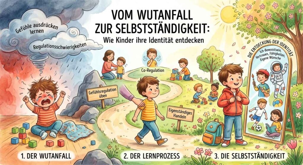 Eine Illustration, die in drei Schritten den Entwicklungsweg eines Kindes zeigt.