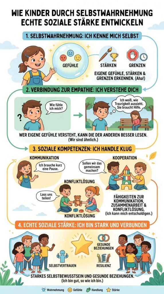 Ein farbenfrohes pädagogisches Plakat, das in vier illustrierten Schritten kindgerecht zeigt, wie Kinder von der eigenen Selbstwahrnehmung über Empathie bis hin zu echter sozialer Stärke gelangen.