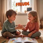 Zwei glückliche Kinder, ein Junge und ein Mädchen, sitzen sich gegenüber und halten über einem Bilderbuch Händchen.
