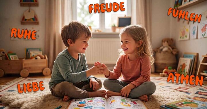 Zwei glückliche Kinder, ein Junge und ein Mädchen, sitzen sich gegenüber und halten über einem Bilderbuch Händchen.