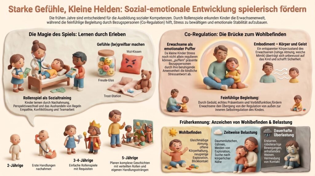 Eine Infografik mit dem Titel „Starke Gefühle, Kleine Helden“, die durch Illustrationen die Bedeutung von Rollenspielen, Co-Regulation und die Anzeichen kindlicher emotionaler Zustände zur Förderung der sozial-emotionalen Entwicklung erklärt.