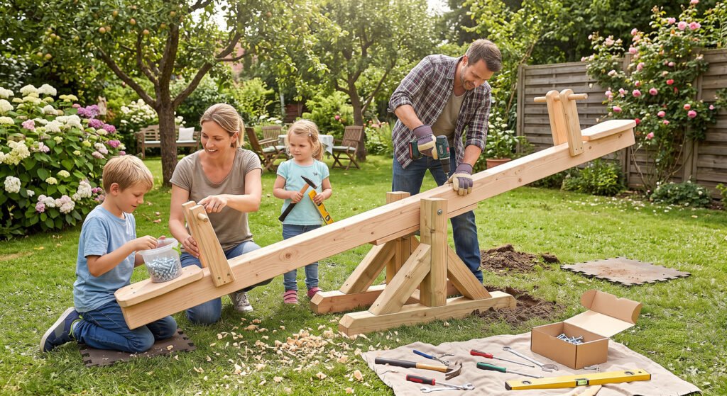 Eine Familie baut gemeinsam im Garten eine Wippe